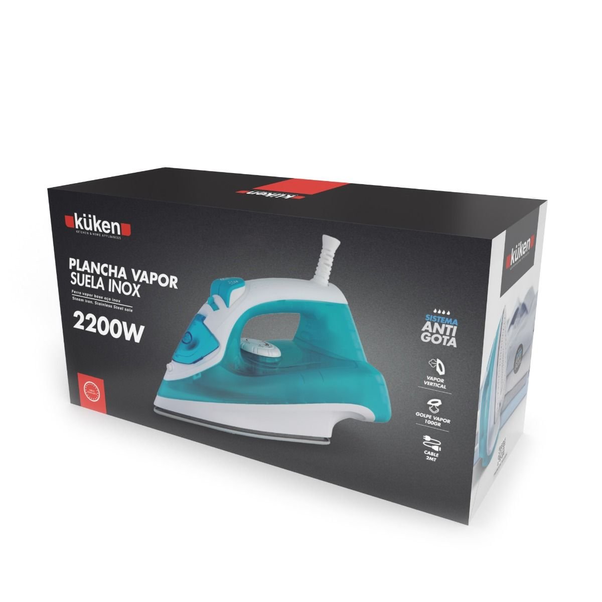 Ferro a Vapor Küken 2200W com base em aço inoxidável, acabamento branco e azul